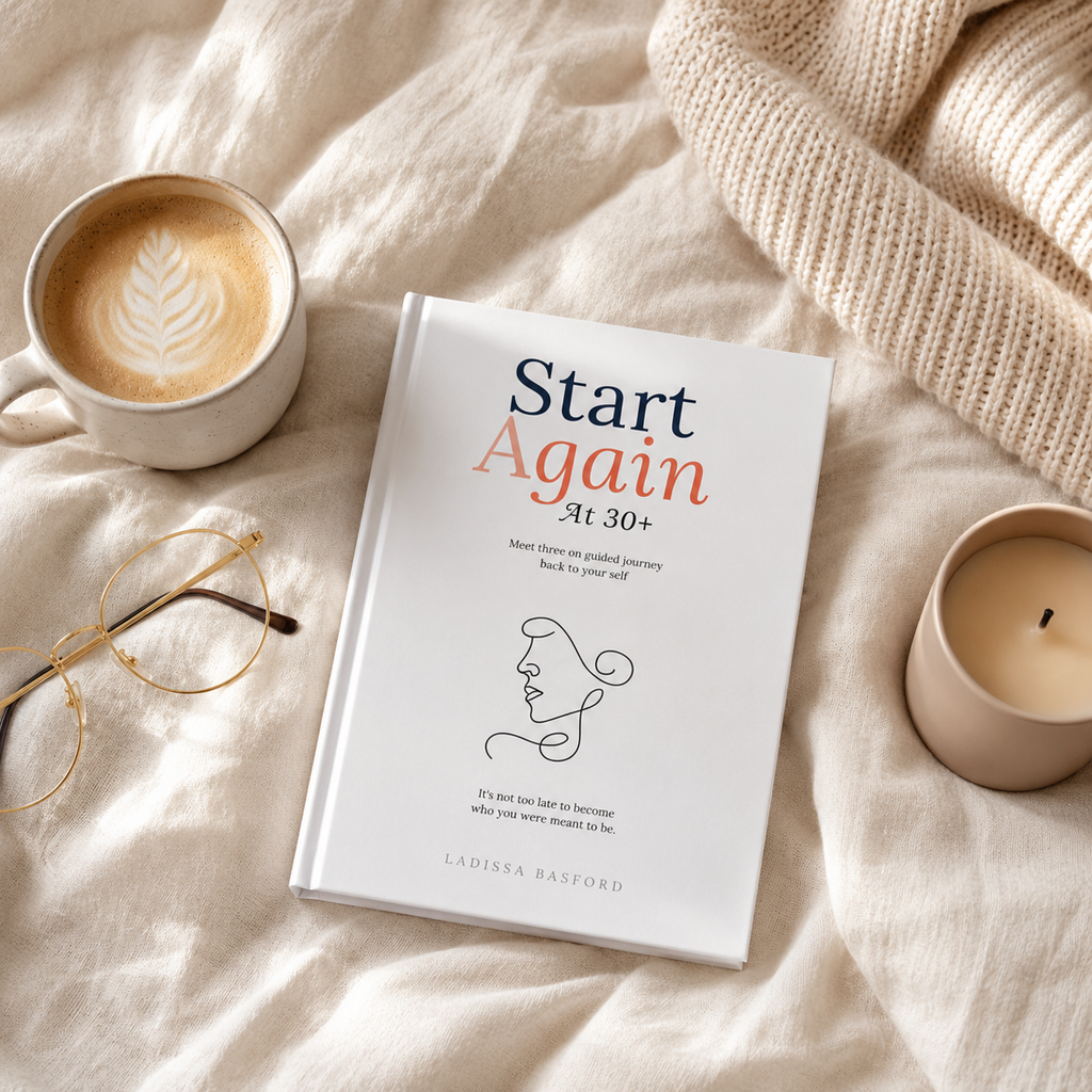 Start Again At 30+ journal open on a desk with coffee, showcasing the elegant minimalist layout